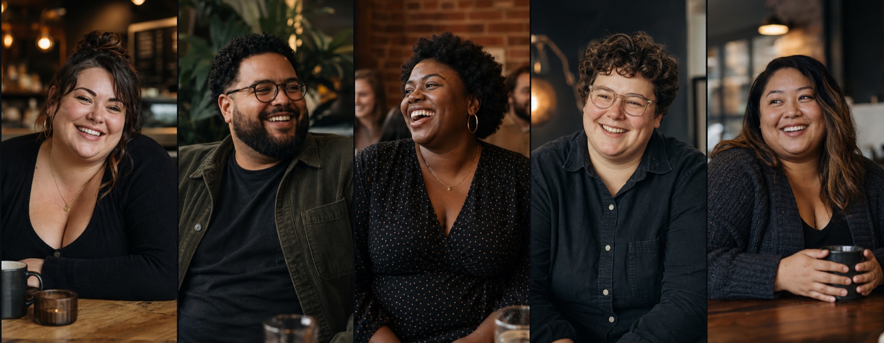 A diverse group of adults smiling and enjoying conversation