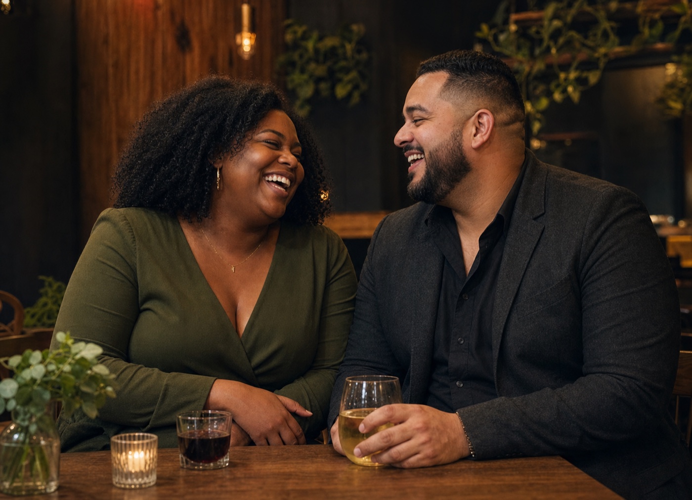 Two adults laughing together on a date